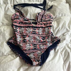 Blue and Pink One Piece Swimsuit with Ruched Front